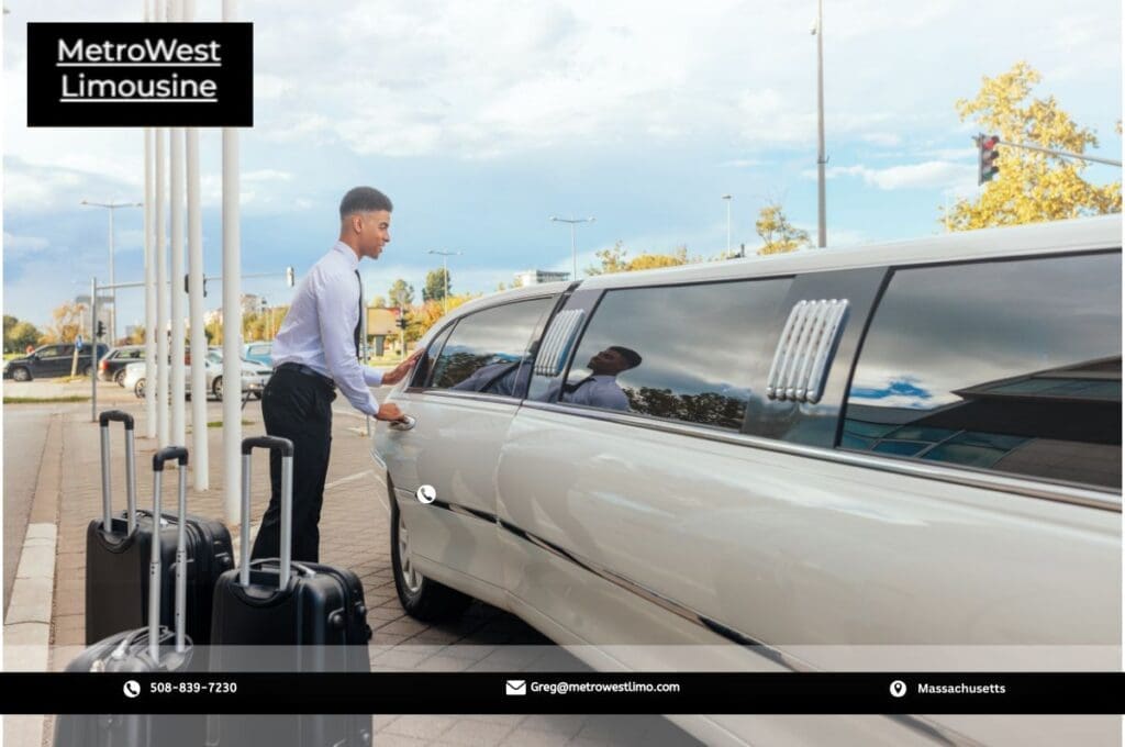 A chauffeur from metrowest limo at Boston Airport helping out the customer with their luggage